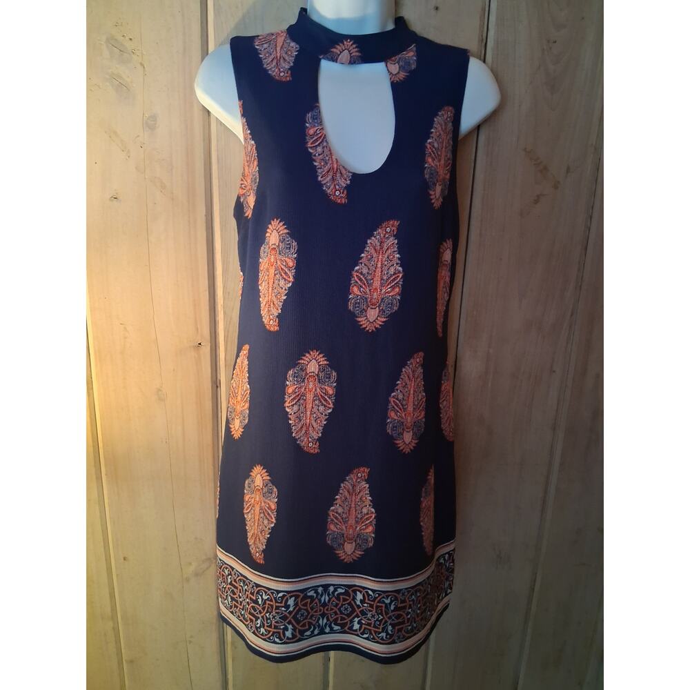 CRYSTAL DOLL SHEATH DRESS SIZE S NAVY AND RED PAISLEY PRINT